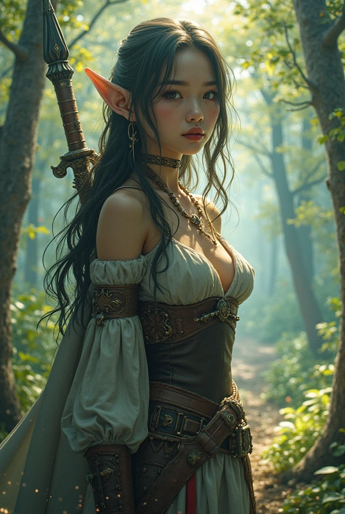 A druid woman with a large bear protecting her would be characterized by her deep connection to nature and animals. She would have long, dark hair, braided with ribbons or adorned with flowers and greenery. Your face would be smooth and serene, with deep, piercing eyes that reflect your wisdom and spiritual connection. She could wear woolen or linen clothing in natural tones such as green and brown with fur and leather accents. She could be adorned with jewelry made from natural stones such as tourmaline, agate, and aventurine.

The Druid woman could be holding a staff or a holly branch, symbols of her authority and connection to nature. She would have an upright and graceful posture, demonstrating a strong and confident presence.

The big bear protecting her would be a symbol of her courage and strength. He would be huge and powerful, with a thick, glossy, dark brown coat. He would have a calm and protective expression, showing the trust he has in his guardian. The druid woman and the great bear could be in a forest clearing, surrounded by trees and plants. Sunlight may be filtering through the leaves, creating a play of light and shadow that frames the scene.

In summary, the Druid woman with a large bear protecting her would be an impressive and powerful image, showing the beauty and strength of the connection between human beings and nature. The image would be a combination of natural beauty, ancient wisdom and animal power, showing the strength and grace of the druid woman and the majesty of the great bear.