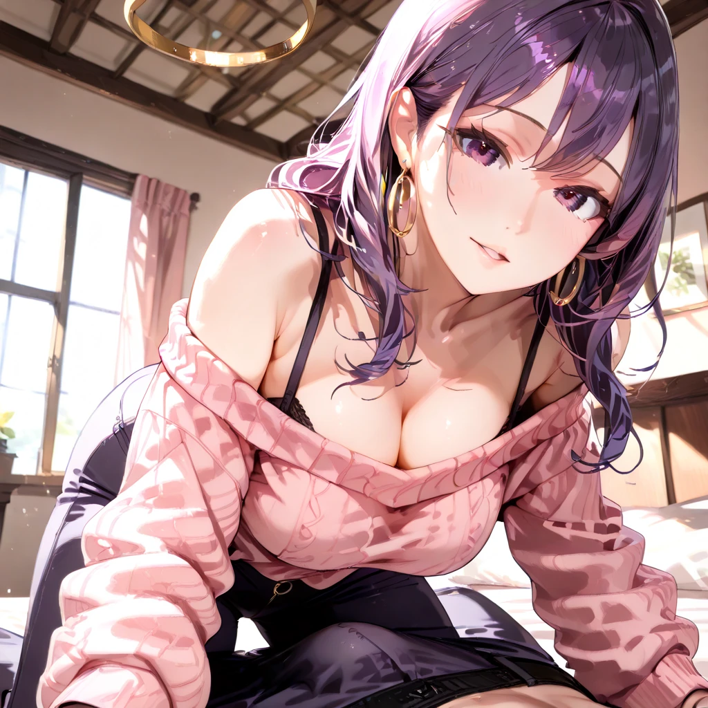 (8K,best quality),(masterpiece,hyperrealistic),Beauty、multicolored hair、underboob、off-shoulder sweater、mini skirt、girls_on_top_face_man straddling、