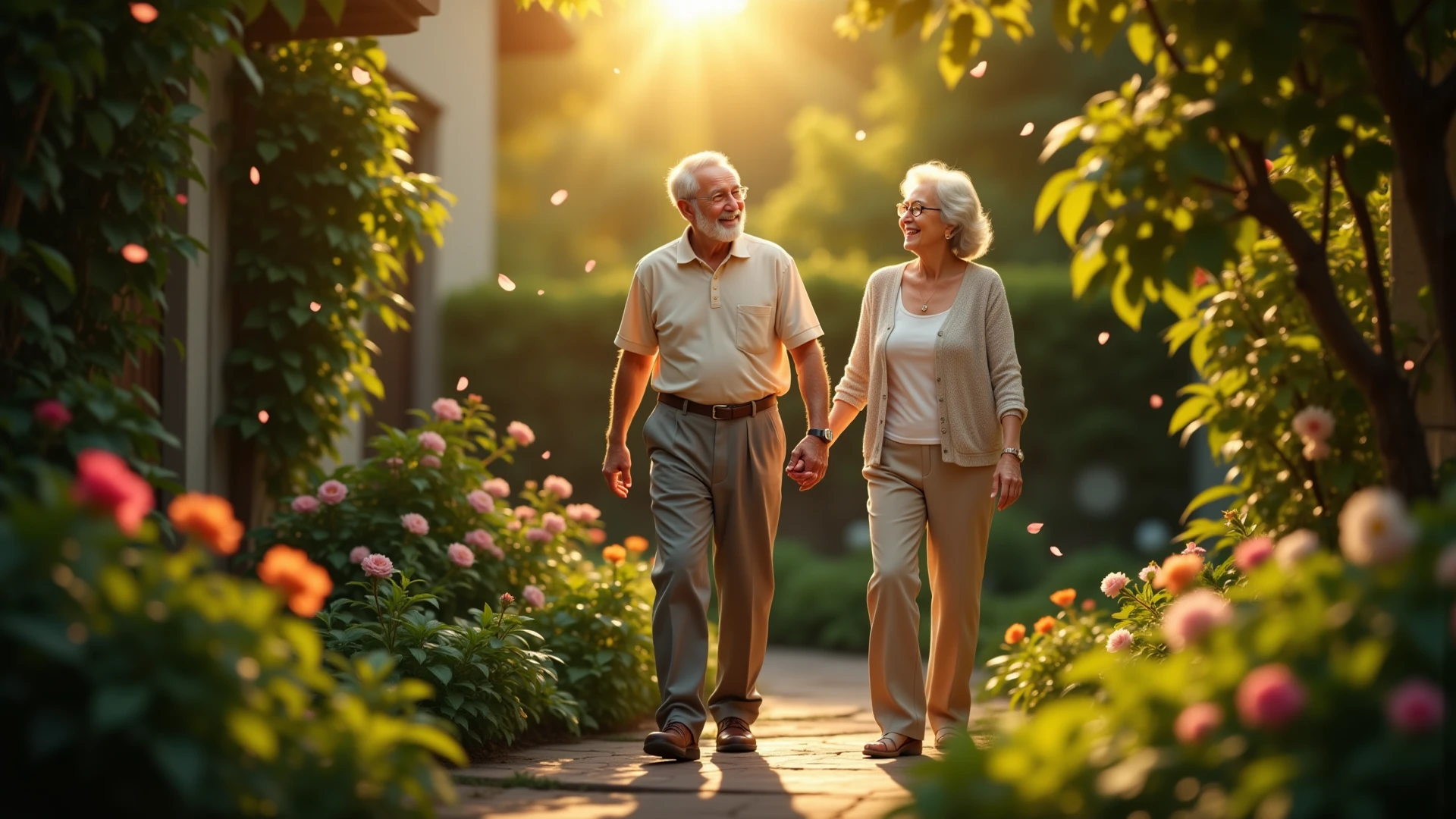 An older couple, both around 50 years old, walking hand in hand through a lush, green park in the morning. They are smiling and look happy and content, exuding a sense of healing and tranquility. The man has short, graying hair and is wearing a casual button-up shirt with jeans, while the woman has shoulder-length, graying hair and is dressed in a light, floral dress. Their faces show gentle wrinkles, indicating their age but also their warmth and kindness. They are walking on a pathway surrounded by trees and blooming flowers, with soft morning sunlight filtering through the leaves, casting a gentle glow. The background shows a serene park scene with benches, a small pond, and birds flying. The focus is on their faces and hands, capturing their expressions and the detail of their intertwined fingers."Detailed Parameters:Image Resolution: 1024x1024 pixels (or higher for more detail)Sampling Steps: 150-200 stepsCFG Scale: 10 for balanced guidanceModel: Use a high-quality pre-trained model fine-tuned for realistic imagesScene Parameters:Environment: Lush green park, morning lightLighting: Soft, natural morning sunlight with slight golden huesBackground Elements: Trees, blooming flowers, pathway, benches, small pond, birds flying,Walking hand in hand, relaxed posture, Realistic proportions, subtle aging details, Smiling, content, showing warmth and kindness, Gentle wrinkles, natural aging signs, Hands intertwined, showing detail of fingers and skin textur,Outfit,Casual, comfortable clothing appropriate for a morning walkMan: Short, graying hair, casual button-up shirt, jeansWoman: Shoulder-length graying hair, light floral dressLight Parameters:Lighting Conditions: Soft, diffuse morning sunlightShadow Details: Gentle shadows for depth, highlights on faces and handsPhotography Parameters:Lens: Standard 35mm lens for a natural perspectiveFocus:Focus: Shallow depth of field to keep the couple in sharp focus with a slightly blurred backgroundComposition: Centere, f/2.8