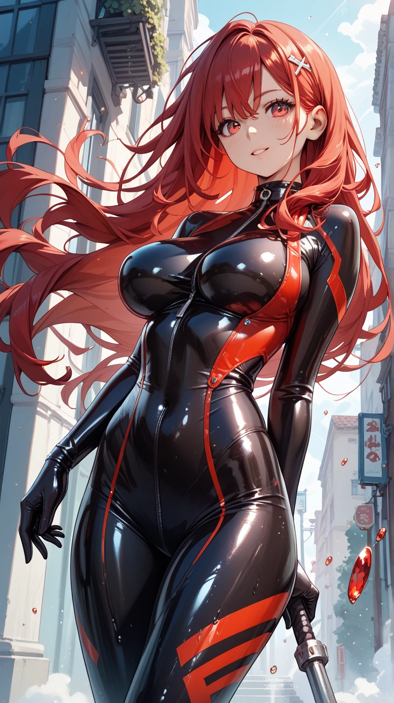 Red hair little young girl with big eyes in latex nipples visible stands on top of building