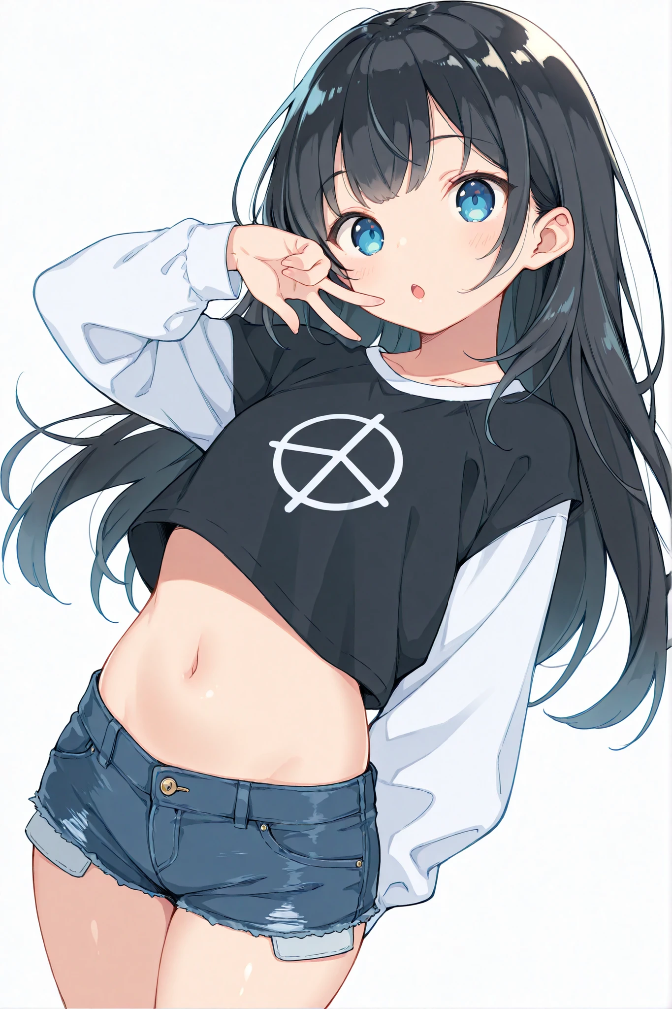(masterpiece, best quality, ultra high quality:1.1), artist, very awa, {prompt}, masterpiece, best quality, recent, newest, absurdres, highres, dynamic angle, 1girl, original, younger, solo, cute face, :O, solo, cute, open_mouth, black_hair, long_hair, blue_eyes, bangs, hair_tucked_behind_ear, fair skin, raglan_sleeves, black_shirt, white_sleeves, print_shirt, logo, navel, midriff, denim_shorts, blue_shorts, short_shorts, cutoff_shorts, v_sign (or peace_sign), hand_near_face, white_background, simple_background