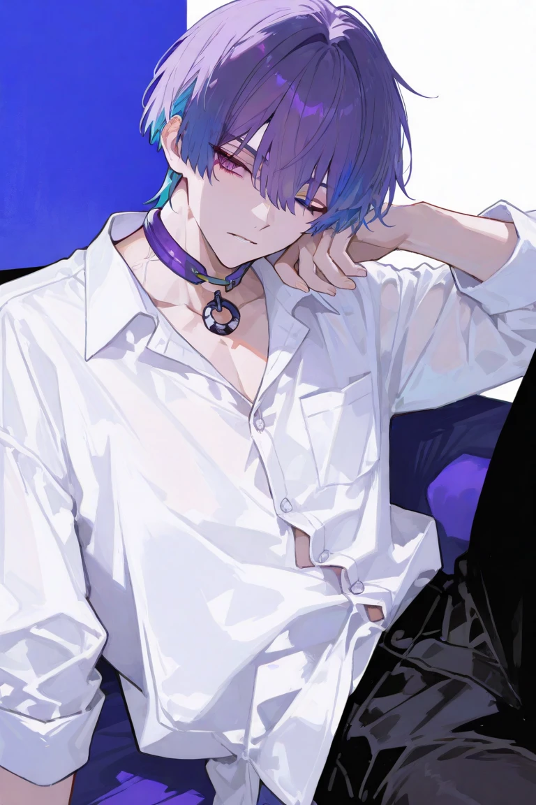 Dark blue hair, messy hair, emo, tattoos, anime, piercings, chains, rings, reading, chill expression, 1boy,