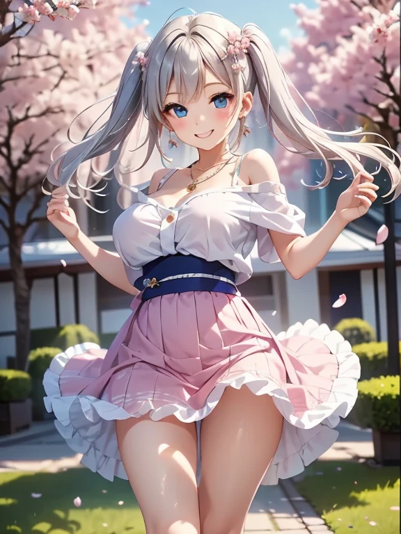 Silver hair, pink eyes, body, cat ears, sexy girl, earrings, sun and cloud background, hair bows, mitsuri, dress, bells necklace, happy face,  thigh up