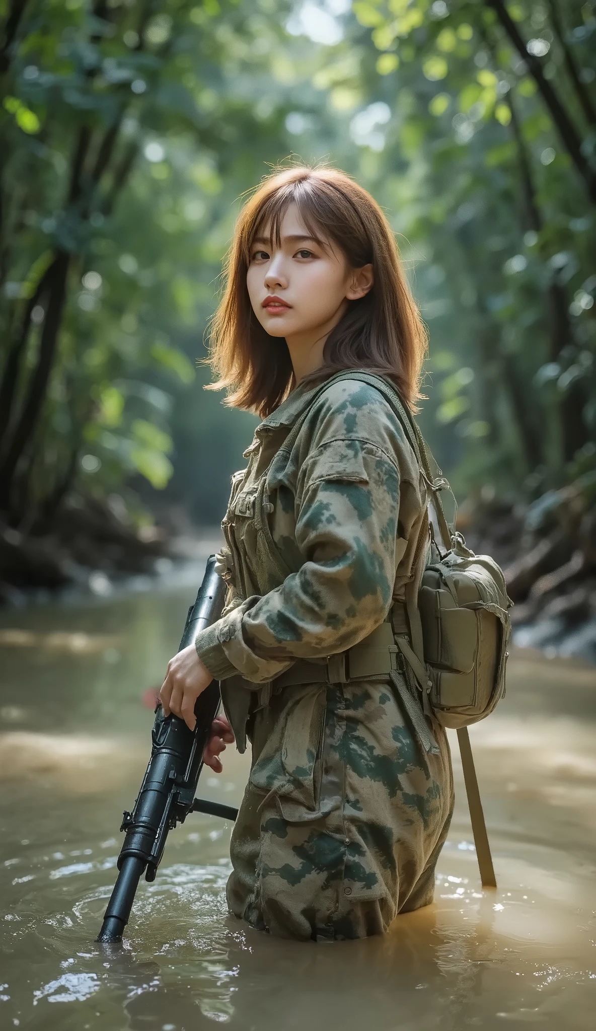 (masterpiece:1.3), (8k, realistic, RAW photos, the best image quality: 1.4), (((Straight short hair with a brown color that reaches the shoulders {x}))), RAW photos, ultra-realistic photo , 이 강렬한 movie 장면에서, brown hair, half Japanese , is standing knee-deep in cloudy jungle water., Her camouflage uniform blends perfectly with her surroundings . Her sharp gaze seems to be holding a gun at a prepared object. . Her lush green leaves and tangled vines evoke claustrophobia , and , movie, severed, shorts, A girl, alone, big , holding a desk, coppery skin female, (coppery skin:1.4), Ready for Battle , (Soldier wearing a military uniform and military helmet:1.5), ( at the battlefield ), big , (Tactical Vest , Military harness :1.3), dynamic angle, (Muddy, damaged wear , damaged body:1.4), combat gloves , A machine gun with a strap ,