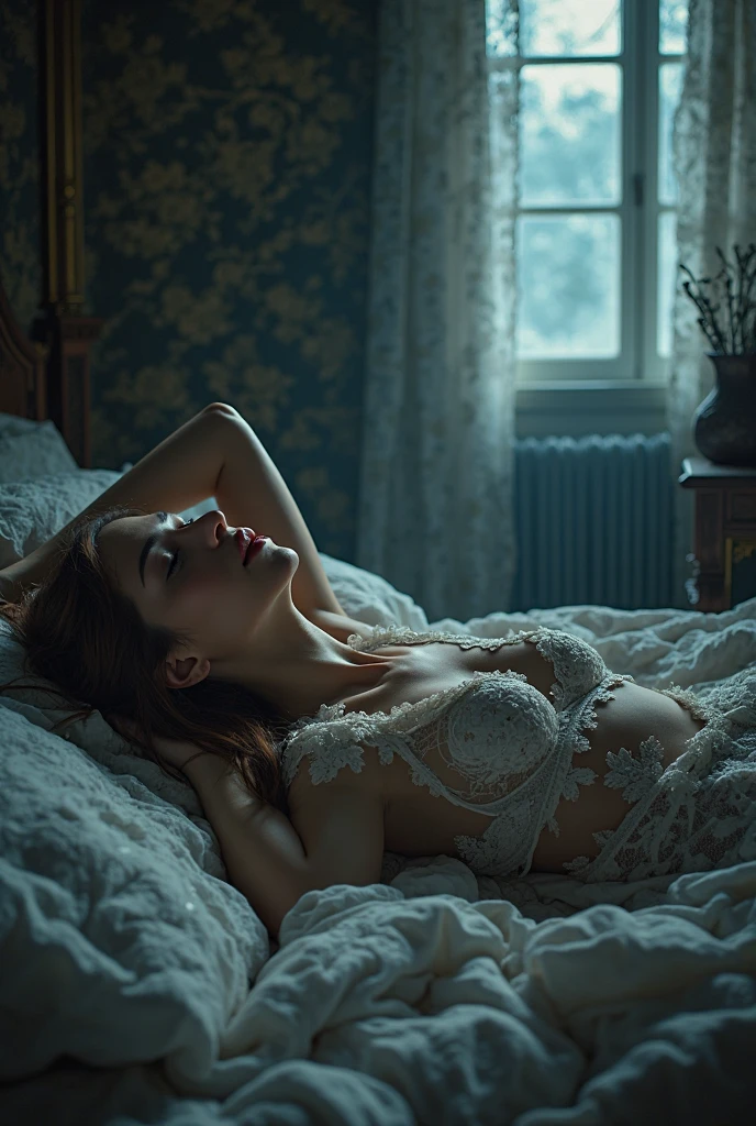Dark bedroom, [sun|Succubus], (Delicate and radiant skin:1.5), dress，The white lace blends in casually, Sleep on your back, On the bed, Surrealism, A look at the races, Light transmittance, The bed is draped with an elegant white lace mosquito net...., Charm appearance, Sexual teasing, Bold and sexy pose, Princess Bed, Moonlight shining through the window,Dynamic Lens,Delicate and sophisticated design、orgasm、climax、Charm