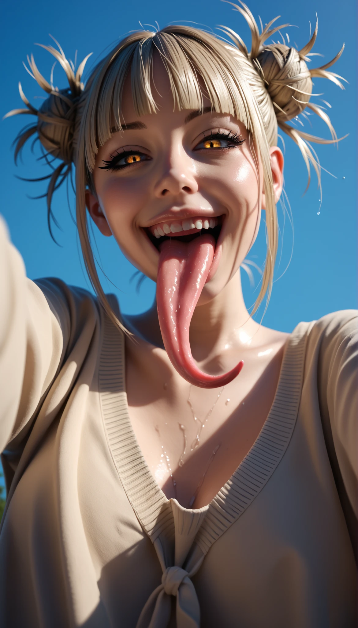 score_9,score_8_up,score_7_up,BREAK,masterpiece,best quality,amazing quality, high resolution, very aesthetic, absurdres, high-quality, hyper-realistic, detailed eyes, detailed face, nsfw,adult,mature, 1futa, futanari, toga himiko, toga himiko, solo, low angle, view from below, outdoors, night, shiny skin, wet skin, evil smug, wide smug, mouth open, tongue out, Large Tongue, long tongue, licking viewers face, licking viewer, glossy lips, eyes looking at viewer, soft colors.