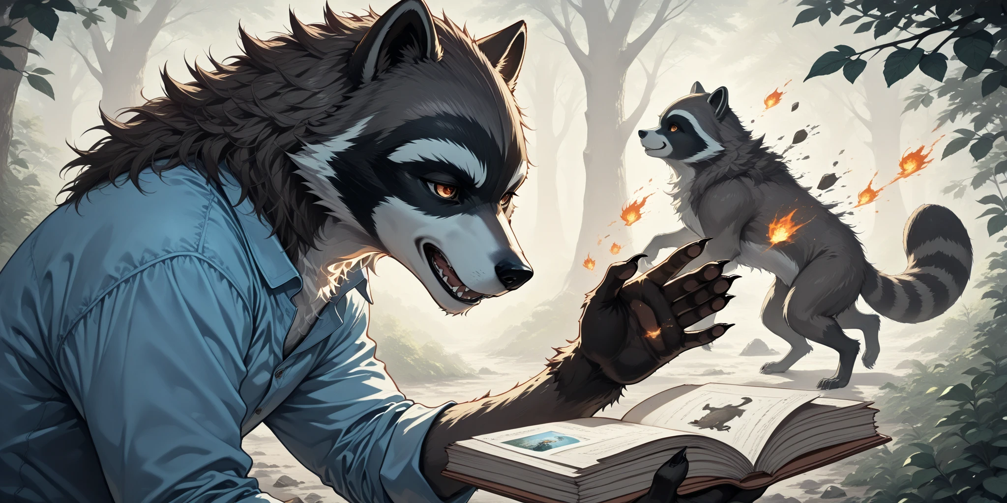 Break,(out-frame of a picture book:1.2),break,(watercolor, pastel, hand-drawn dream world,  thick outlines),(1boy and 1animal,1boy is werewolf  ,1animal is the animal form raccoon ) ,(left side page werewolf,right side page is the raccoon),adventure in wonderland,wrnchexpwhimsicalvisions, silhouette, double exposure,