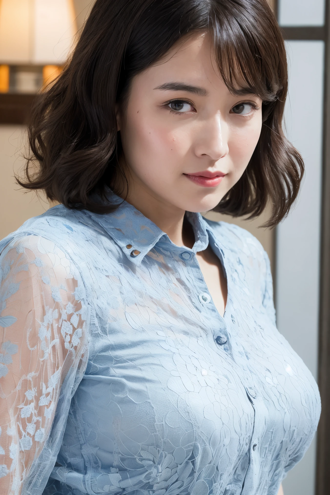 best quality, 8k, photo shoot, ( viewers display ), Photorealism, bust close-up, alone, Japan,wavy hair with a graceful expression, Wrinkles Around Her Eyes, highlight breasts, Big Breasts,30 years old, (Page Search:1.0), ( Manhattan lace blouse:1.0),Stand on your own two feet