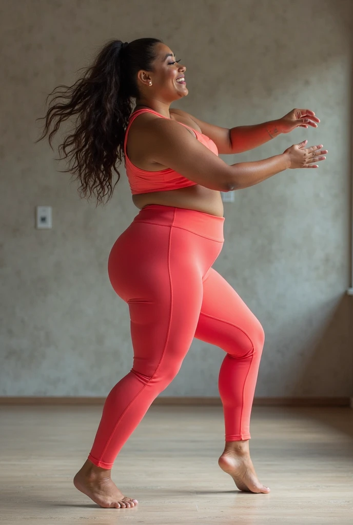 Overweight woman happy to be exercising at home