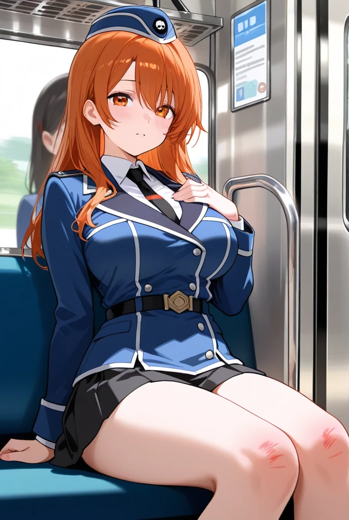 (((Pixel Perfect))), score_9, score_8_superior, score_7_superior, score_6_superior, evaluation_Explicit, anime_sauce,One girl, Girl staring at the viewer,(Cowboy Shot), ( Perfect Anatomy:1.4), Shadows in the movie, Cinematic Light, Cute and delicate, (Soft Skin:1.2), Dynamic pose, Character Focus, blush, Medium Breasts Blurred Background, (Pride Royal ıv:1.2), Redhead, Long Hair, Purple eyes, Swept-apart bangs, (Red Uniform), v Arms, Long sleeve, Black trousers,whole body,Fully nude,With nipples,Pussy in full view,on the train,((Sex)),Sitting and spreading legs,