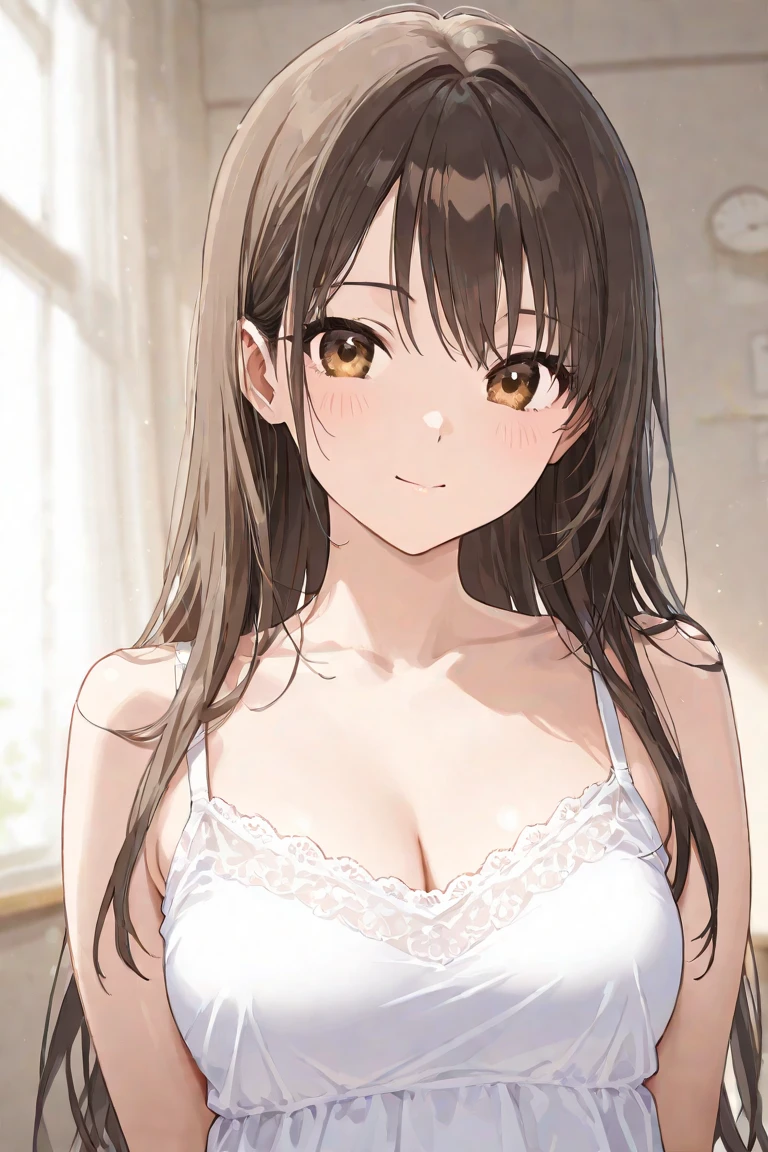 ((Tabletop, Highest quality, High resolution, , Pixel Perfect, 4K,))), 1 female, 、The whole body is visible、 ((Long Wavy Hair, bangs, Brown Hair)), ((Brown eyes, Beautiful eyelashes, Realistic eyes)), ((Detailed face, Blushing:1.2)), ((Smooth texture:0.75, Realistic texture:0.65, Realistic:1.1, Anime CG Style)), Medium sized breasts, Dynamic Angle, Perfect body, (( , , White sleeveless top、No bra、、 Tight denim skirt、、)), Gold Hair Ornament、Cross Necklace、、Very embarrassing panic smile, 、、、、、、Nipples are slightly visible、Cover your chest with your arms、Emphasize cleavage、Leaning forward、Stick your butt out、Hotel Bedroom、Angle from below、、、、 、)、