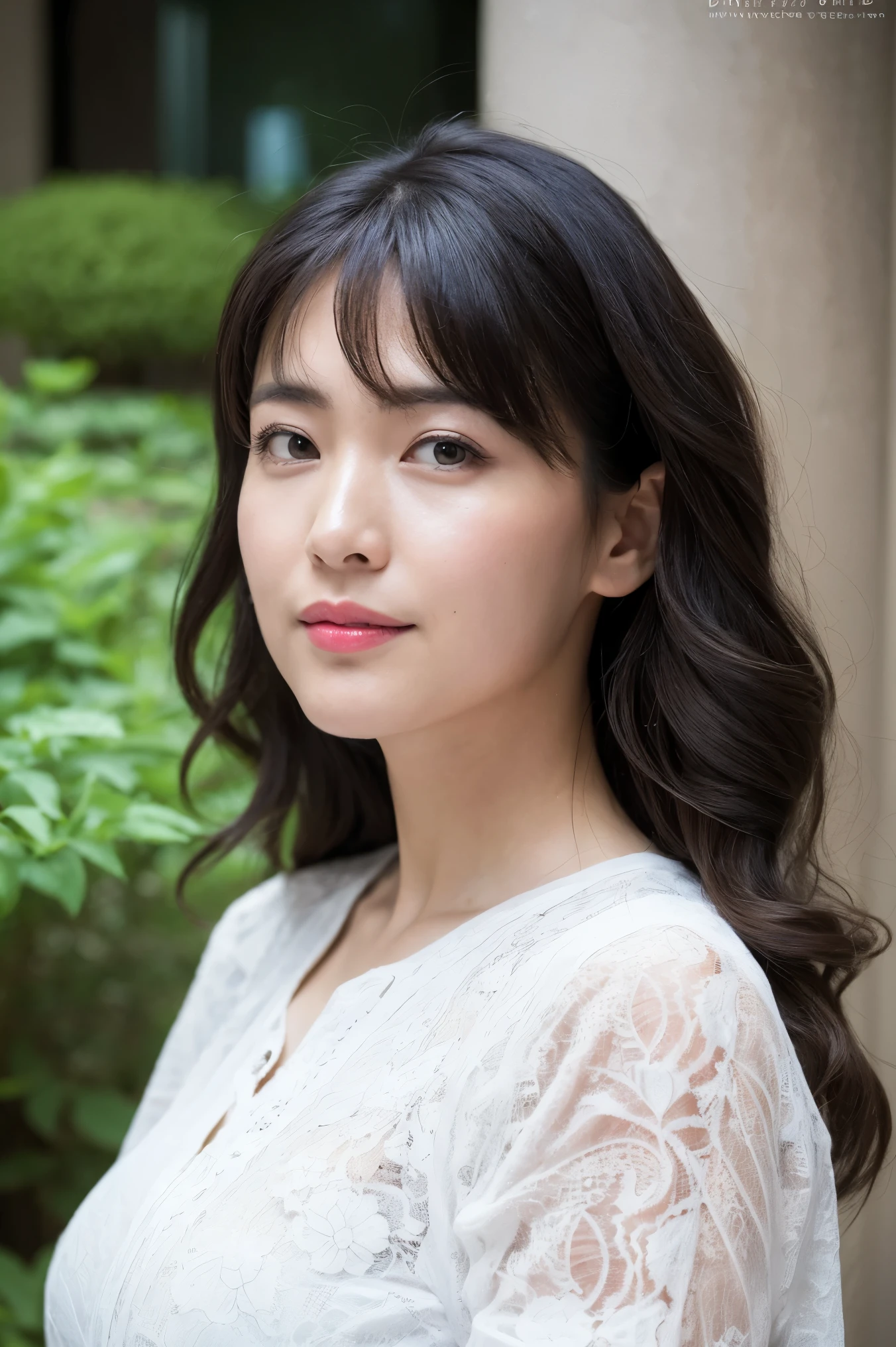 best quality, 8k, photo shoot, ( viewers display ), Photorealism, bust close-up, alone, Japan,wavy hair with a graceful expression, Wrinkles Around Her Eyes, highlight breasts, Big Breasts,30 years old, (Page Search:1.0), ( Manhattan lace blouse:1.0),Stand on your own two feet
