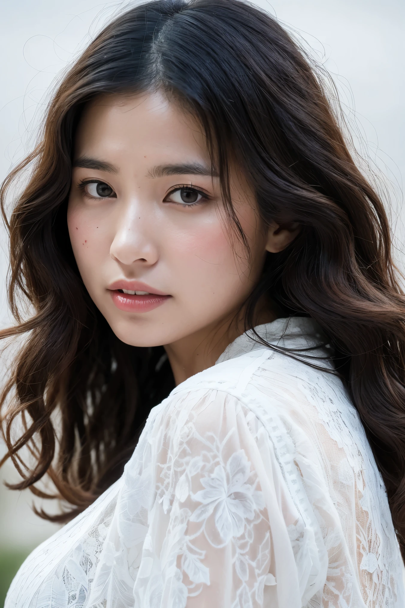 best quality, 8k, photo shoot, ( viewers display ), Photorealism, bust close-up, alone, Japan,wavy hair with a graceful expression, Wrinkles Around Her Eyes, highlight breasts, Big Breasts，30 years old,  (Page Search:1.0), ( Manhattan lace blouse:1.0)，Stand on your own two feet