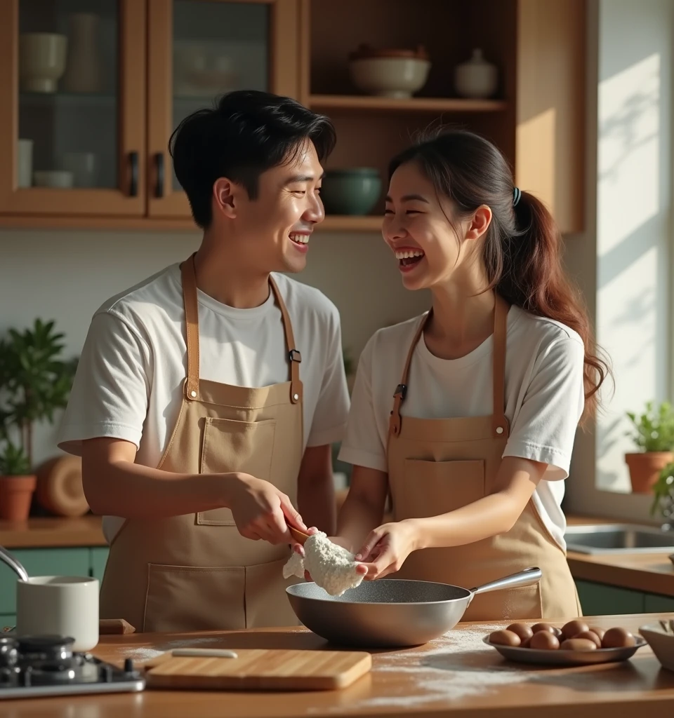 High Resolution, Masterpiece, Accurate, Detail, High Quality, Realistic photo. A 2 asian women, long dark hair, white skin, height: 155 cm, weight: 45 kg. A 30 year old man, short hair, white skin, wearing a white t-shirt, height: 160 cm, weight: 55 kg. They are in a kitchen. They are standing close together, with the man's arm around the woman's waist. The woman is wearing a brown apron and has long dark hair. They both have big smiles on their faces and are looking at each other lovingly. In the background, there is a wooden shelf with various kitchen items, including a jar of honey, a bunch of garlic, and a vase of flowers. On the table in front of them, there are plates of food and a glass of wine. The overall mood of the image is happy and romantic.