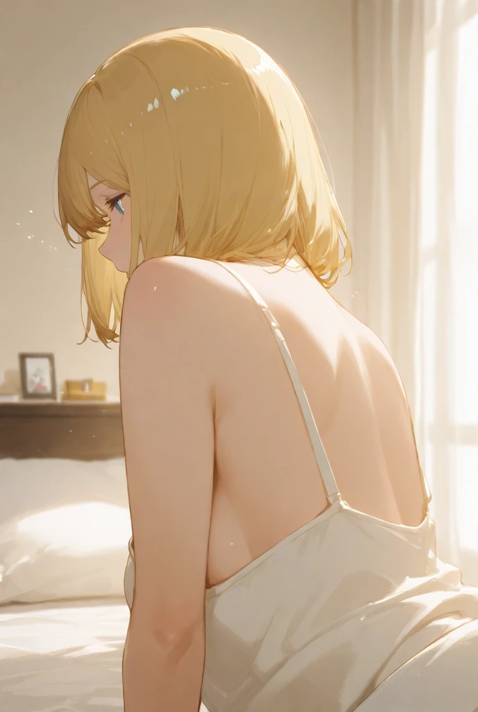 masterpiece, absurdres, best quality, ultra detailed, high Resolution, detailed illustration, bright colour, (extremely beautiful detailed face and eyes, Delicate beautiful face, 1 girl, cute face:1.3), (magenta eyes:1.1), sparkling eyes, big eyes, medium , (perky breasts(pointy breasts:1.1), hips, glamorous body, white skin, BREAK, long bob cut, (blonde hair:0.8), messy hair, detailed hair, shiny hair, BREAK (undressed, long See-tcasual dress:1.5), (SEX, vagina, Masturbation:1. perfghting, :1.5), (ecstasy, vulgarity:1.5), (trembling:0.8), On all From the back,