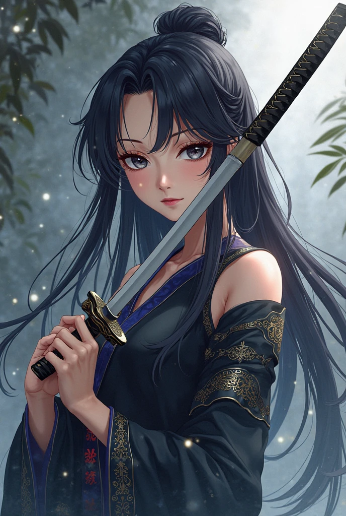 realistic cyberpunk,Create a photorealistic full-body image of a female character inspired by the medicine seller from 'Mononoke' in the 'Karakasa' arc, as if it were from a live-action adaptation. She has long, flowing black hair styled elegantly, and her face is adorned with traditional geisha-style makeup. Include the same sharp, artistic orange eye makeup with small red gems near the eyes, and a delicate pink lip color. She is holding a sword inspired by the Taima sword from a specific reference image, with intricate designs and a demonic face on the hilt. The woman is dressed in a traditional yet intricately designed kimono with rich, textured fabrics, blending deep reds, purples, and golds. The background depicts a traditional Japanese setting with a supernatural atmosphere, such as a haunted temple or a misty forest. The overall mood should be mysterious and eerie, capturing the full essence of the character in her environment.