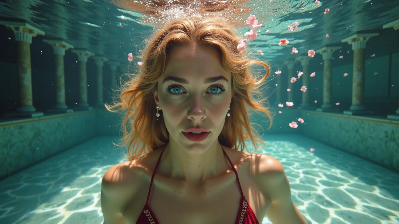 Girls wear bikinis,Flowers in ears,in the swimming pool,Right angle,One elbow against the wall,Pout,There is a glass wall around the swimming pool,Outside the walls are tropical plants with large leaves.,