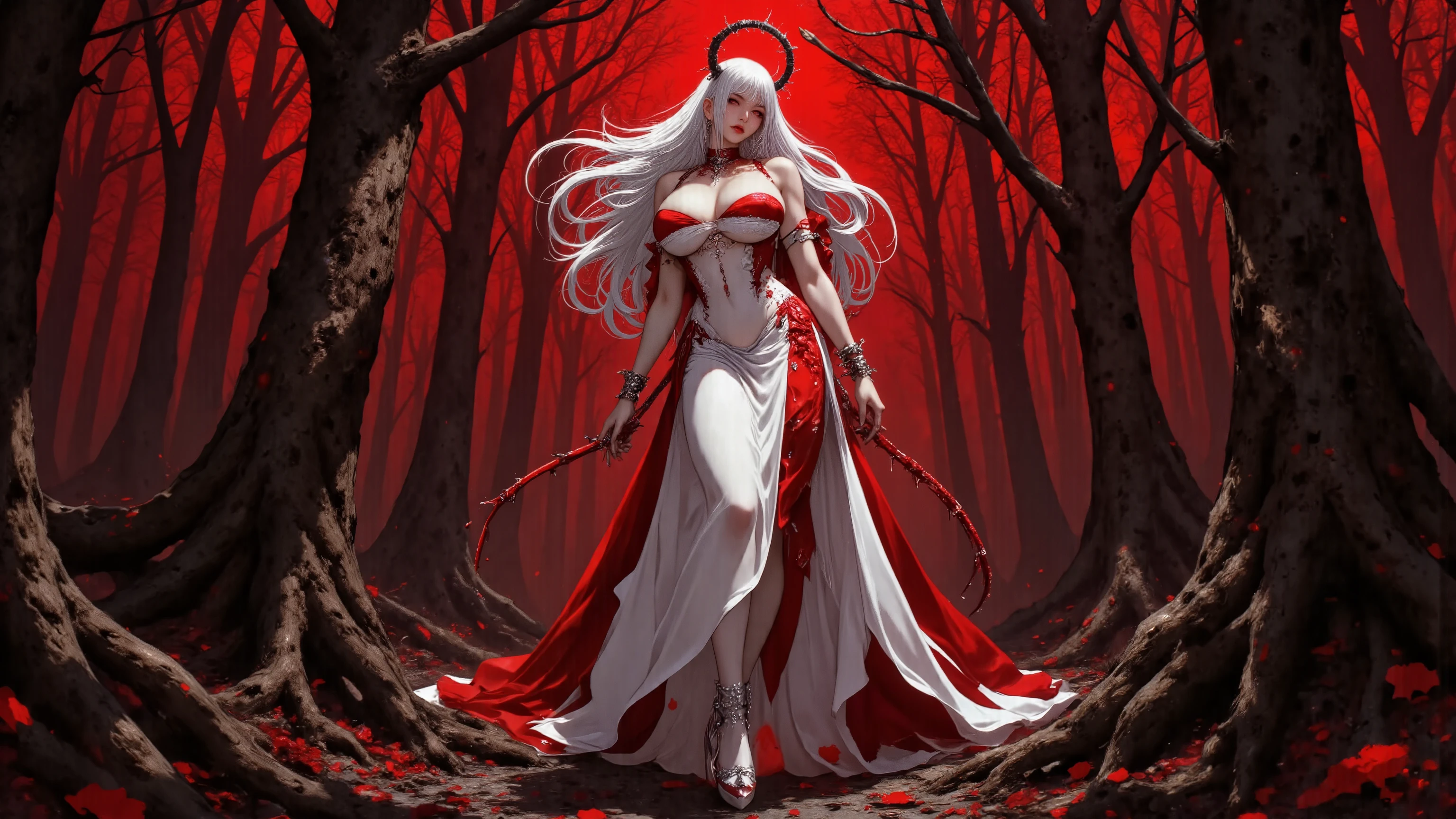 Long white hair, bangs, Japanese woman, short dress of white color with rips, cloak with dark red hood, large breasts, curvy woman, thin waist, thick legs, barefoot, scars on hands, pink colored eyes, black forest scenery, night, fantasy scenery.
