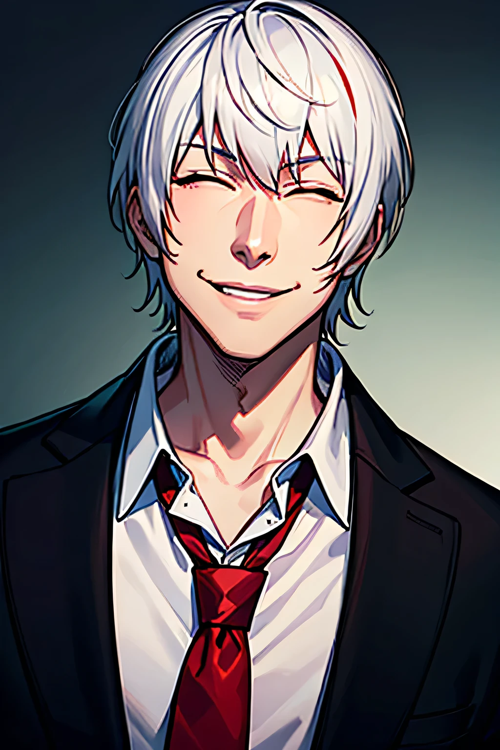 32 year old man, Indonesian, a government assassin,wearing a white shirt, wearing a black blazer, wearing a red tie, white hair with a hint of red, eyes closed, authoritative, smiling face, wearing white gloves, facing forward, half body, hd