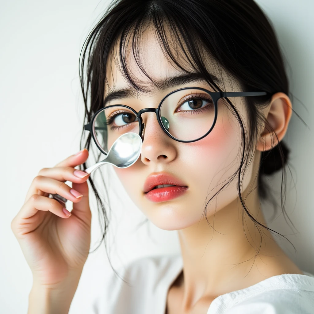 ((top quality)), ((傑top quality、masterpiece、High sensitivity、high definition、detailed description、depiction of a delicate face)),(Slender Woman、wear glasses、)Use a spoon、Cover your eyes、