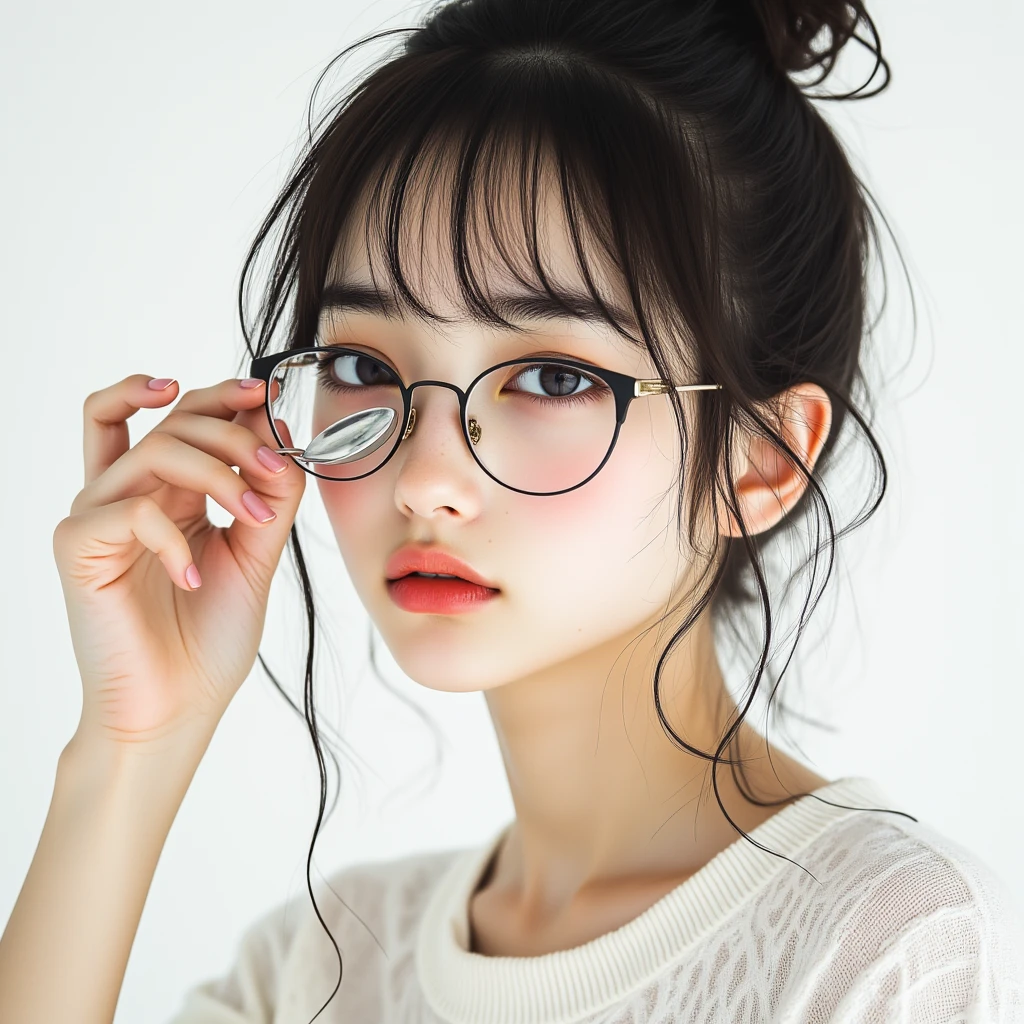 ((top quality)), ((傑top quality、masterpiece、High sensitivity、high definition、detailed description、depiction of a delicate face)),(Slender Woman、wear glasses、)Use a spoon、Cover your eyes、