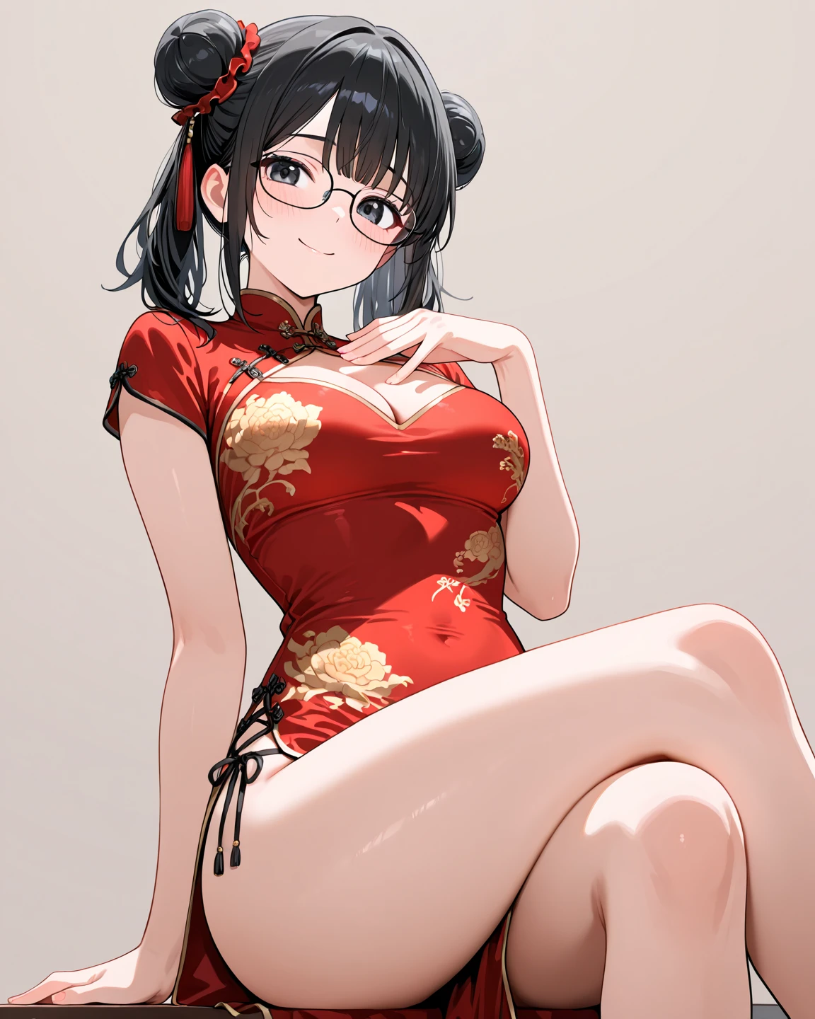 Wearing a red gaudy cheongsam with red lipstick, a beautiful woman with brown hair, (solo:1.2),perfect body,(highest quality,masterpiece,sfw:1.4),full body,with glasses