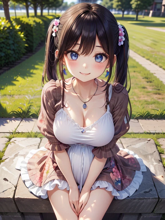 1 girl, blush, cosmetics, Yellow school uniform, whole body, wide angle, from above, garden,light, glow, thigh , clavicle, Willow Yao, (on the table), wallpaper,wet、Micro bra that can be seen through clothes、short black hair,Smile,greet,Waving,hairpin,low collar,ditch,(((Waving,pray))),Under the cherry blossom tree,Heart-shaped neckline,Chest dew,bare legs,low collar口