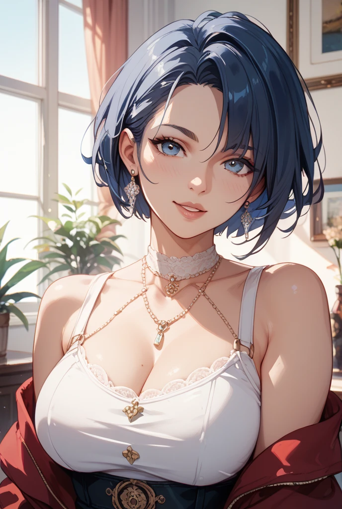 (masterpiece:1.2, best quality), (1lady, solo, upper body:1.2), clothing: flowing skirt Accessories: Happy Birthday Crown, Birthday Cake Hair: Dark blue shoulder-length short hair Makeup: natural, glowing skin, behavior: relaxed, carefree, free-spirited, smiling Location: in front of wooden table, blue eyes, huge breasts,