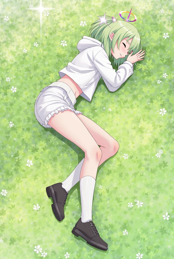 4k, 1toddler, solo, shiny skin, short hair, wolfcut, solo, shiny skin, short hair, wolfcut, wavy hair, light green hair, large eyes, (flat chest), ((infantile build)), sitting, (((spread legs))), (((spread pussy))), ((pussy juice)), kupaa, looking down, ((ahegao)), (nose blush), wearing one-piece dress, white dress, sleeveless dress, ((pointy nipples)), white sandals, straw hat, sweat, Clothes soaked in sweat and transparent, Clothes are transparent and nipples are visible, (skirt lift), blue sky, sunflower field, from below
