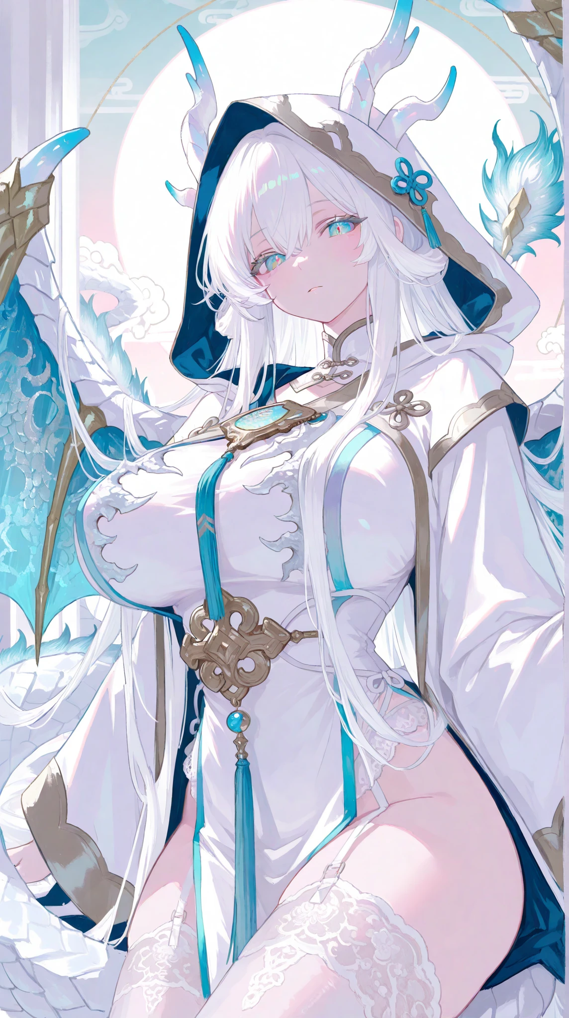 (masuter piece,Best Quality,Ultra-detailed), (A detailed face), Movie Posters, hight resolution, 1girl in, (front-facing view), White hair, length hair、Braided side locks, Gold Eye, General's jacket, The upper part of the body, flat-chest, (Beautiful Detail Eye: 1.1), (Detailed hand), (Detail light: 1.1), Desportivo, Film Light, Pale skin type, (looking at the viewers), (magazine:1.3), (cover-style:1.3), Textured skin, Super Detail, Tarot Boundary, border, Alfonse Mucha, Dynamic streaks, locus:1.2, Dim color scheme, portraitures, Look at viewers, 独奏, (full body Esbian:0.6), A detailed face, soft smiling, Dynamic Poses, (Ancient Mesopotamian theme), Sumerian, Mesopotamian mythology, Uruk, ziggurat, Demigod, white robes, laurel, (A thriving civilization), Ancient palaces, stele, particles floating, Fire emblem
