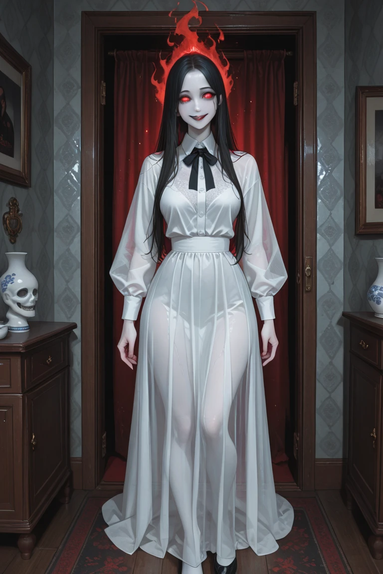 Yandere girl bleeding from the eyes, Detailed eyes and face, Long eyelashes, Intensely anxious expression, Long flowing black hair, Wearing a white dress, Standing in a dimly lit room. Moderate: Dark Horror Art. Further details: Sharp focus, Spooky atmosphere, Blood splatters on the walls, There's a knife in her hand. Highest quality, Very detailed, Realistic rendering. tone: Dark and gloomy. Lighting: Dramatic shadows and dim lighting, create an ominous atmosphere.
