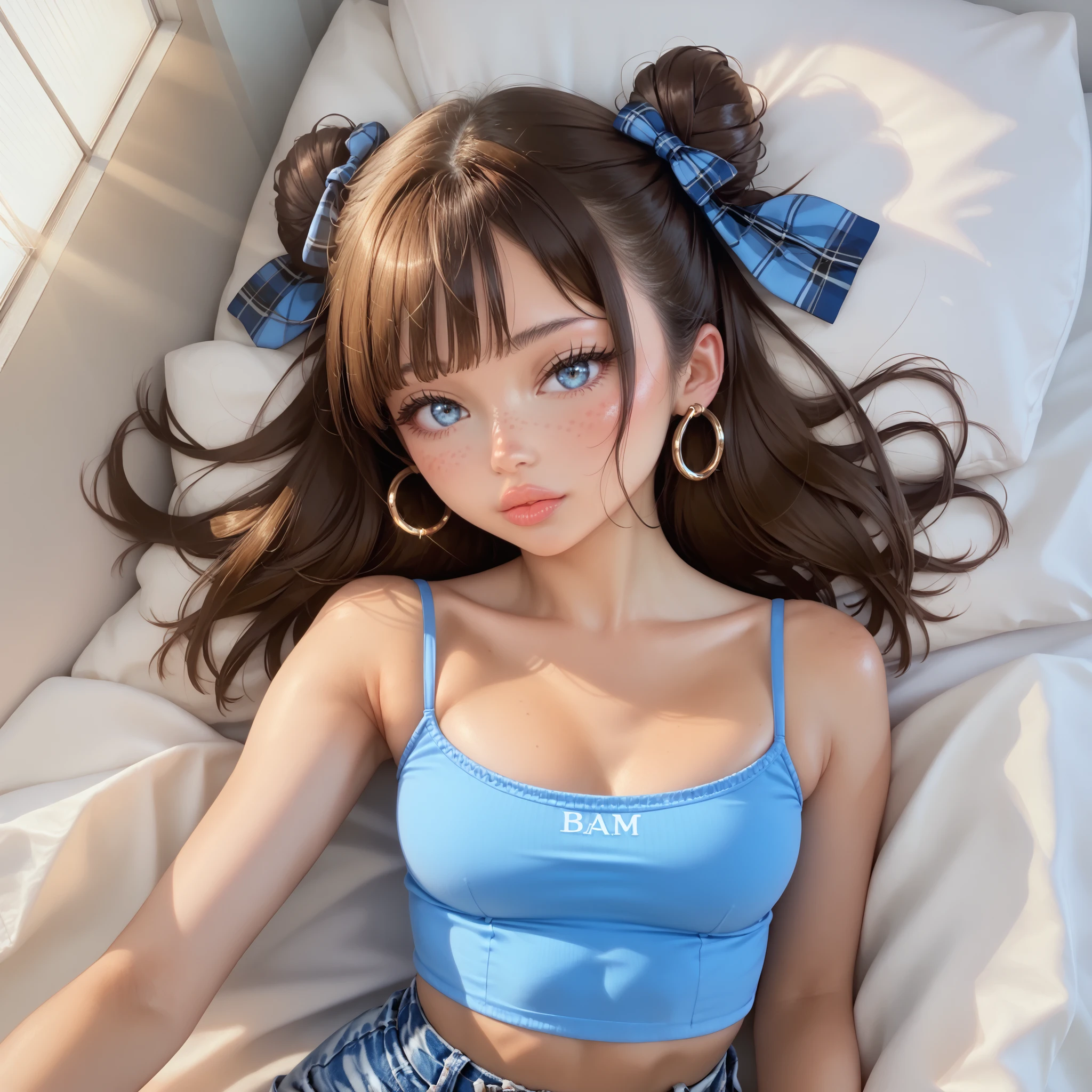 babyface, nighttime, 1girl, black nails, shiny lip gloss, cute freckles, shiny lips, view from above, High Resolution, looking at viewer, Bangs, plaid Hair Bow, Masterpiece, High Resolution, Anatomically Correct, Detail, High Details, High Quality, Hoop Earrings, Hair Ribbon, Jewelry, Hair Clip, Backlighting, Bloom, Cinematic Lighting, God Rays, laying back on bed, brown hair, double bun, tight spaghetti strap top, short jean shorts, bare feet, moon in window, blue eyes, soft white blue light,