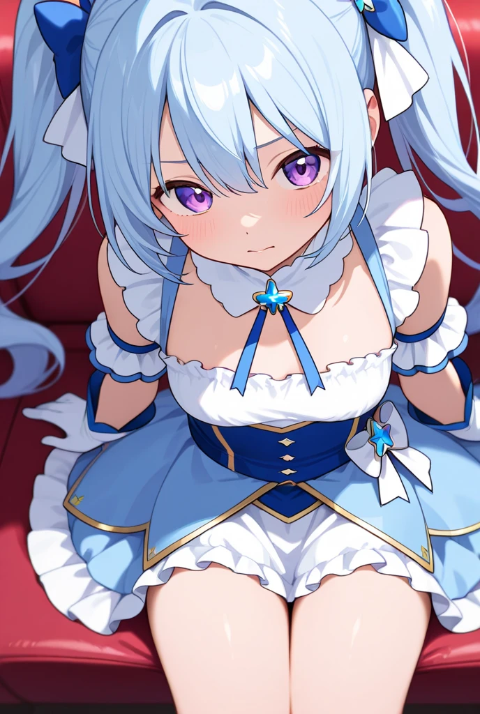 1 girl、is sitting、 frill、from above、 Ashikiri、embarrassing、best quality、Magical Girl、light blue