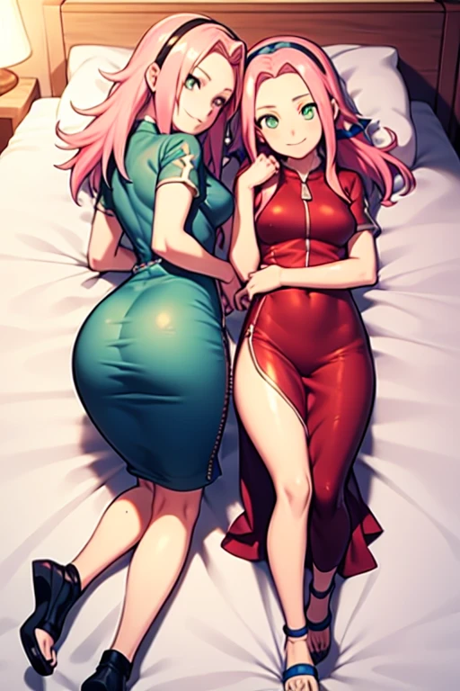 2female,multiple characters,2 girl, red tight dress, red stockings,red heels,red arm stockings,sexy, bedroom on background, smiling,large breasts, perfect body, full body, smiling, red tight dress, mitsuri kanroji,