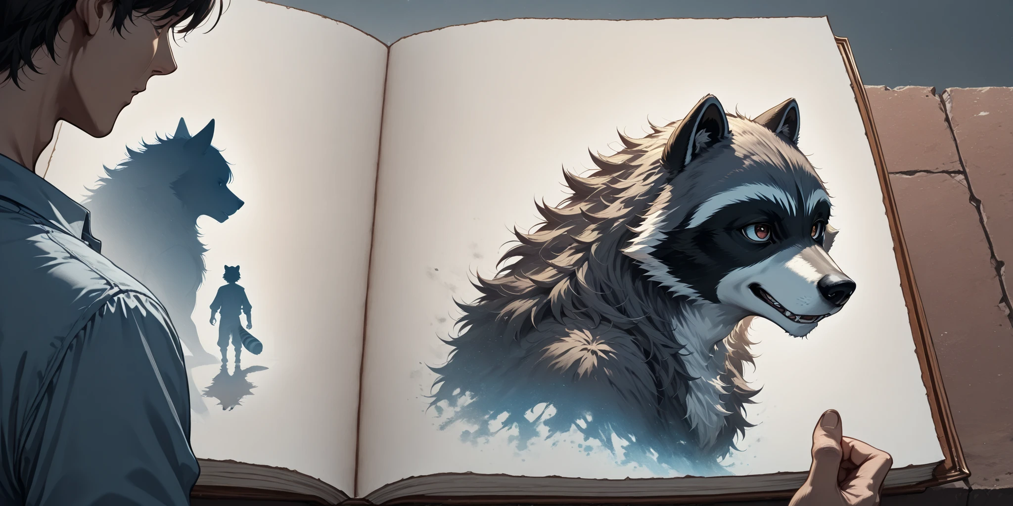 Break,(out-frame of a picture book:1.2),break,(watercolor, pastel, hand-drawn dream world, thick outlines),(1boy and 1animal,1boy is werewolf ,1animal is the animal form raccoon ) ,(left side page werewolf,right side page is the raccoon),adventure in wonderland,wrnchexpwhimsicalvisions, silhouette, double exposure,