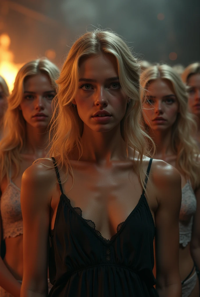 (shabby school bathroom).Breathtaking Glamour Blonde White Woman Victoria's Secret Women.Big hearted.8 female models.(Wearing black lingerie).