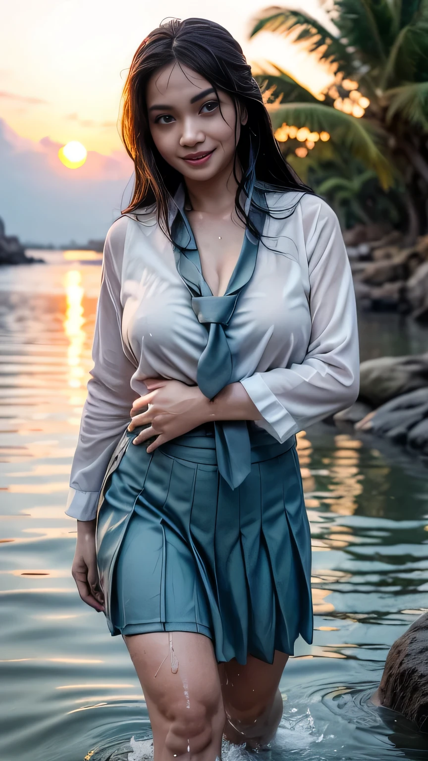 20 yo Indonesian girls in school uniforms playing in the water, at the beach, sunset, twilight hour, magic hour, wet sand, waves, long sleeves, 2 girls, (cardigan), ((loose tie)), ((pleated skirt)), closeup fantasy with water magic, beautiful maidens, playful, (splashing) wearing a skirt made of water, cleavage, photorealistic, dripping wet, in water up to their shoulders, beautiful realistic photo, nymph in the water, hyperrealist portrait at seaside, hyperrealistic fantasy photo, splashing, playing with each other, cute shot, narrow depth of field, 8k, ((drenched)), ((soaked)), (dripping water), dripping oil, heavy clothes, soaked in oil, wet all over, rouge lipstick, wet dripping hair, varied hair, smiling, ((see throug, varied poses, tropical beach