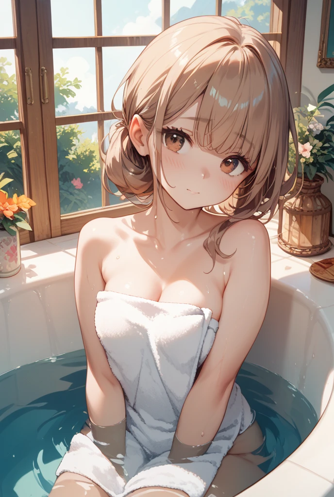Masterpiece, top quality, super detailed CG, intricate details:1.5), 8k wallpapers, elaborate features,
(1 person, solo:1.4), perfect cartoon illustration,1 girl, cute face, smiling, swimwear, taking a bath, in a hot tub, her home
