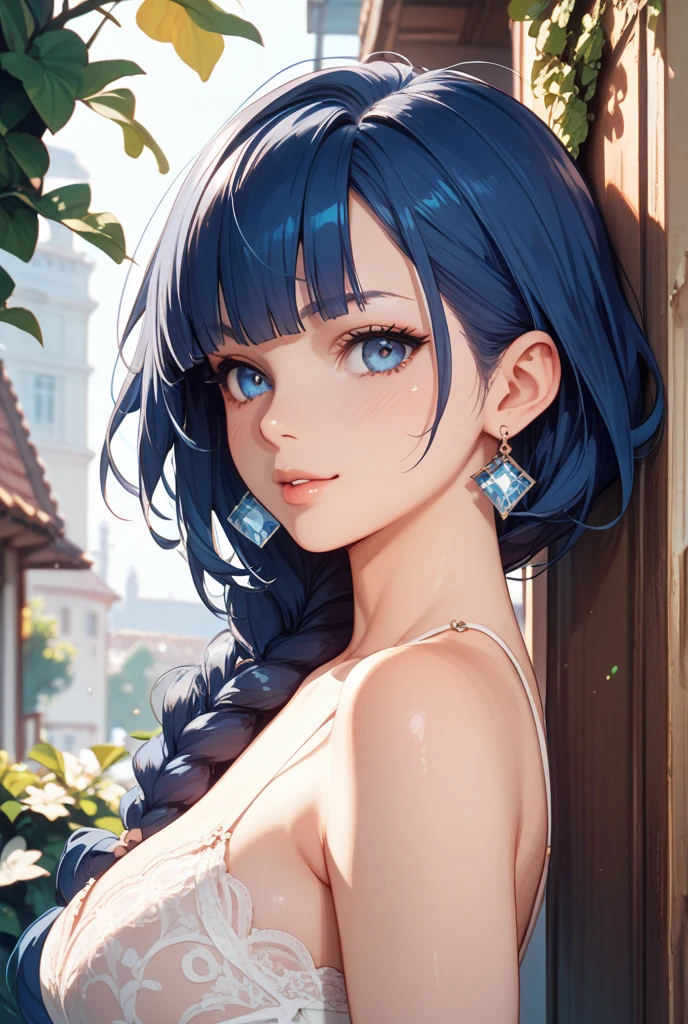1 girl, bright blue hair, orange sweater, outdoor, long hair, breasts, smile, detailed face, beautiful detailed eyes, beautiful detailed lips, extremely detailed eyes and face, long eyelashes, (best quality, 4k, 8k, highres, masterpiece:1.2), ultra-detailed, (realistic, photorealistic, photo-realistic:1.37), portraiture, vibrant colors, natural lighting, warm tones, large breast, sensual Perfect body.