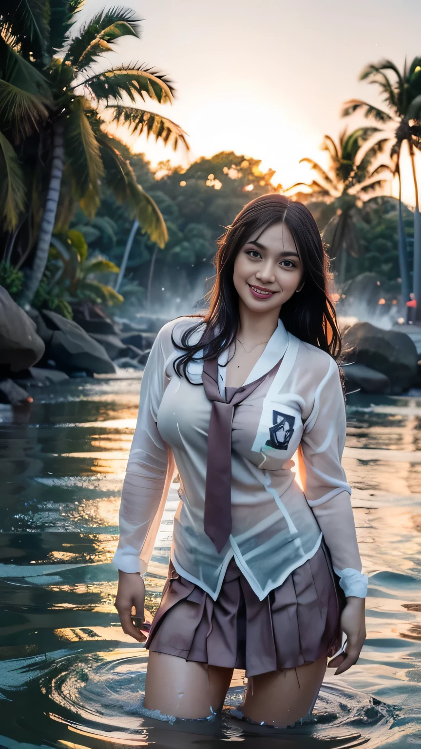 20 yo Indonesian girls in school uniforms playing in the water, at the beach, sunset, twilight hour, magic hour, wet sand, waves, long sleeves, 2 girls, (cardigan), ((loose tie)), ((pleated skirt)), closeup fantasy with water magic, beautiful maidens, playful, (splashing) wearing a skirt made of water, cleavage, photorealistic, dripping wet, in water up to their shoulders, beautiful realistic photo, nymph in the water, hyperrealist portrait at seaside, hyperrealistic fantasy photo, splashing,  playing with each other, cute shot, narrow depth of field, 8k,  ((drenched)), ((soaked)), (dripping water), dripping oil, heavy clothes, soaked in oil, wet all over, rouge lipstick, wet dripping hair, varied hair, smiling, ((see throug, varied poses, tropical beach