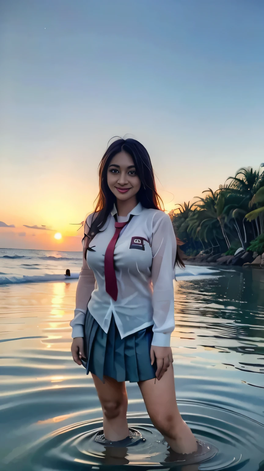 20 yo Indonesian girls in school uniforms playing in the water, at the beach, sunset, twilight hour, magic hour, wet sand, waves, long sleeves, 2 girls, (cardigan), ((loose tie)), ((pleated skirt)), closeup fantasy with water magic, beautiful maidens, playful, (splashing) wearing a skirt made of water, cleavage, photorealistic, dripping wet, in water up to their shoulders, beautiful realistic photo, nymph in the water, hyperrealist portrait at seaside, hyperrealistic fantasy photo, splashing,  playing with each other, cute shot, narrow depth of field, 8k,  ((drenched)), ((soaked)), (dripping water), dripping oil, heavy clothes, soaked in oil, wet all over, rouge lipstick, wet dripping hair, varied hair, smiling, ((see throug, varied poses, tropical beach