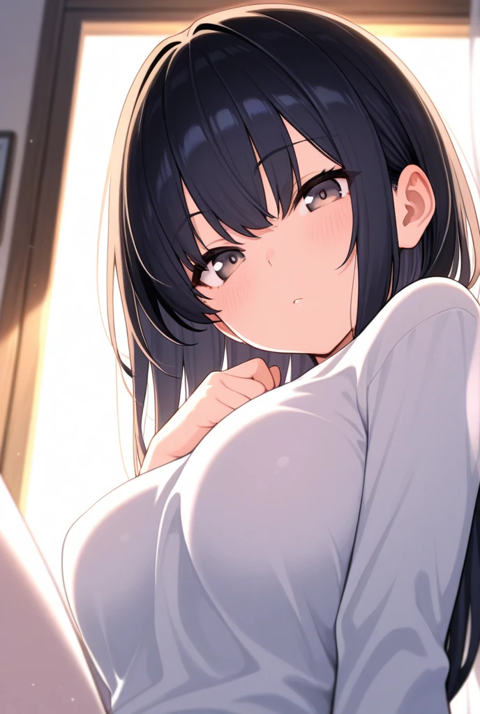 shinkai makoto, kimi no na wa., 1girl, bangs, black hair, brown eyes, worried eyes, open mouth, twisted half up, red ribbon, long hair, yellow cardigan, open shirt, white shirt, white shirt lift up, breast, medium breast, nipples, pink nipples, upper body, looking at the viewer, arms up, lying, lying on bedsheets, POV (boy's hands holding girl's breast), upper body, masterpiece, perfect anatomy, cowboyshot , POV (boy's hands holding girl's breast)