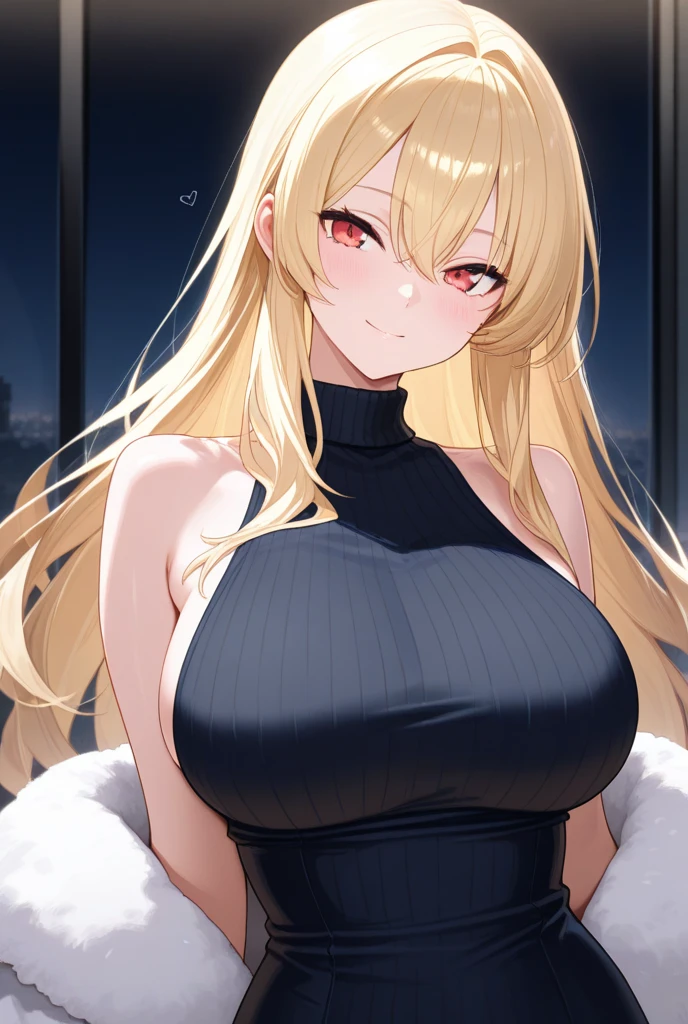 (big breasts:1.5),shiny,hair,((alone)),((masterpiece)),((highest quality)),perfect anatomy,slim waist,perfect image,8k uh,(detailed and beautiful eyes:1.5),highly detailed face,Are standing,(Upper body:1.1),(look ahead:1.1),back arm,Super detailed,disorganized,High resolution,(white blonde hair),(red eyes),indoor,前hair,hair between eyes,ribbed sweater,No sleeve,mini skirt,smile,semi-long hair,