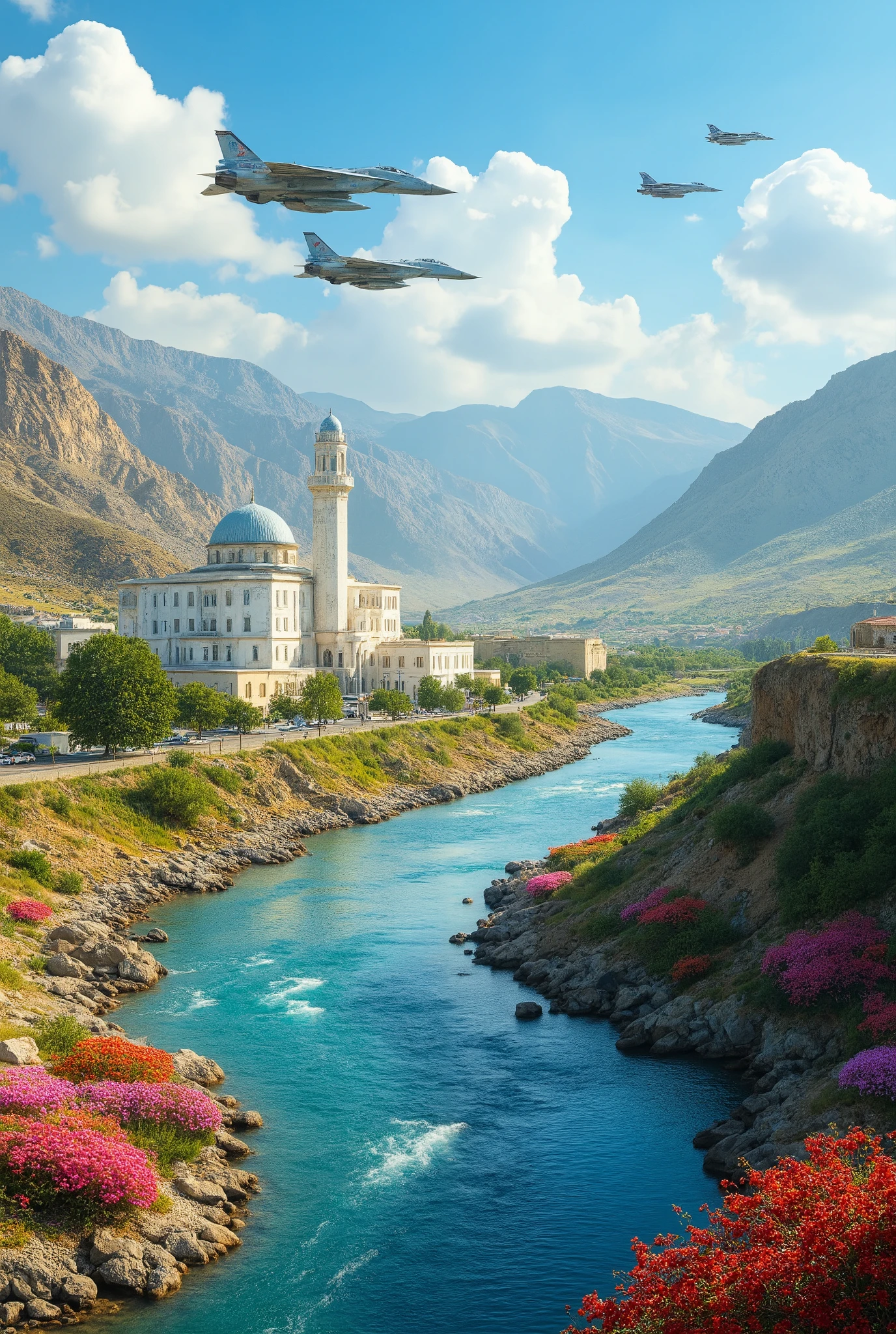 in high-definition images、A masterpiece that imaged the plains of the Iranian Plateau in summer、vivid colors、Strong style with a spectacular and dramatic expression、a small village with a mosque、white house々、A serene blue river、The finest environment with crystal water、Spectacular views of flowers、F-14 fighter jets of the Iranian Air Force are flying around。