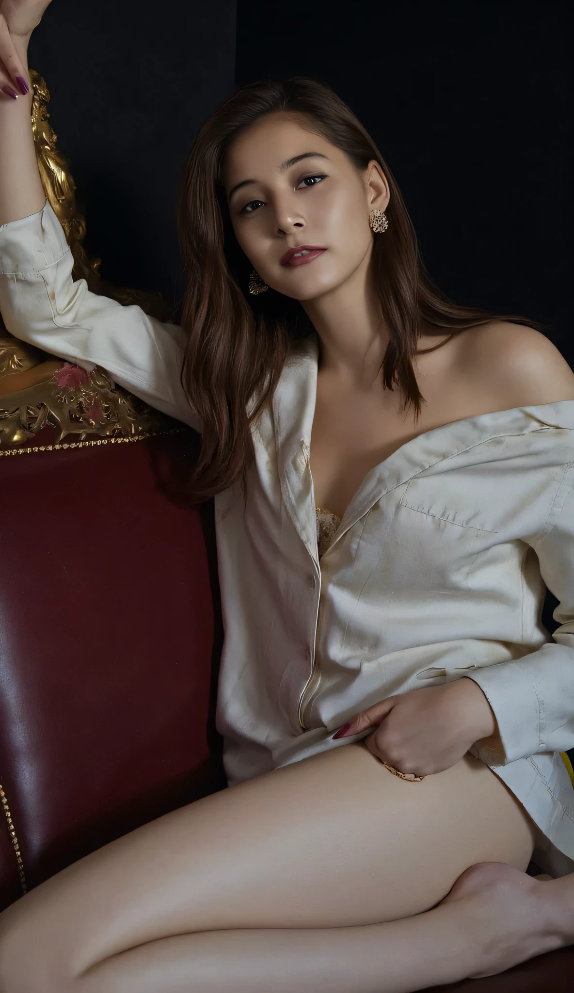 HD, 4K, 8k, 16k、1 woman、Ultra High Resolution、leaning back upper body、stretches her chest 、((anatomically correct))、camera angle from the front、(((front view)))、Beautiful Hair、accurate anatomy of a dark night、ultra HD hair、Ultra-high definそれion beauty face、輝くUltra High Resolution の美肌、 Ultra High Resolution の艶やかな唇、(full body photo:1.1)、Vintage Fashion、fashion model with split ends due to pubic hair、sensual、masterpiece、top quality、Bright Natural Lighting 、beautiful woman in silya room