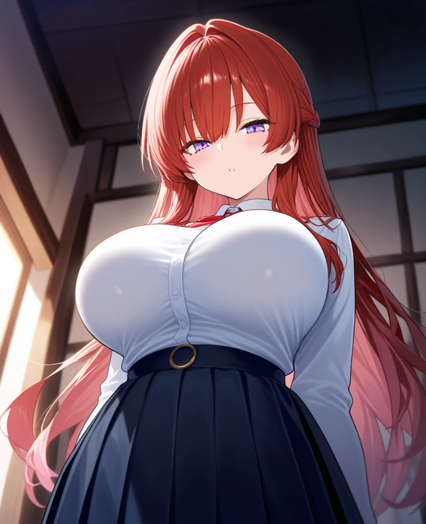 My name is Hikaru, I am a white test woman with long red hair and black eyes. I am 1.60 cm tall and weigh 46 kg. My breast sizes are 300 cm, my waist is 60 cm and my hips are 200 cm. Dressed in a low-cut black blouse and a white miniskirt . With big breasts 300 cm