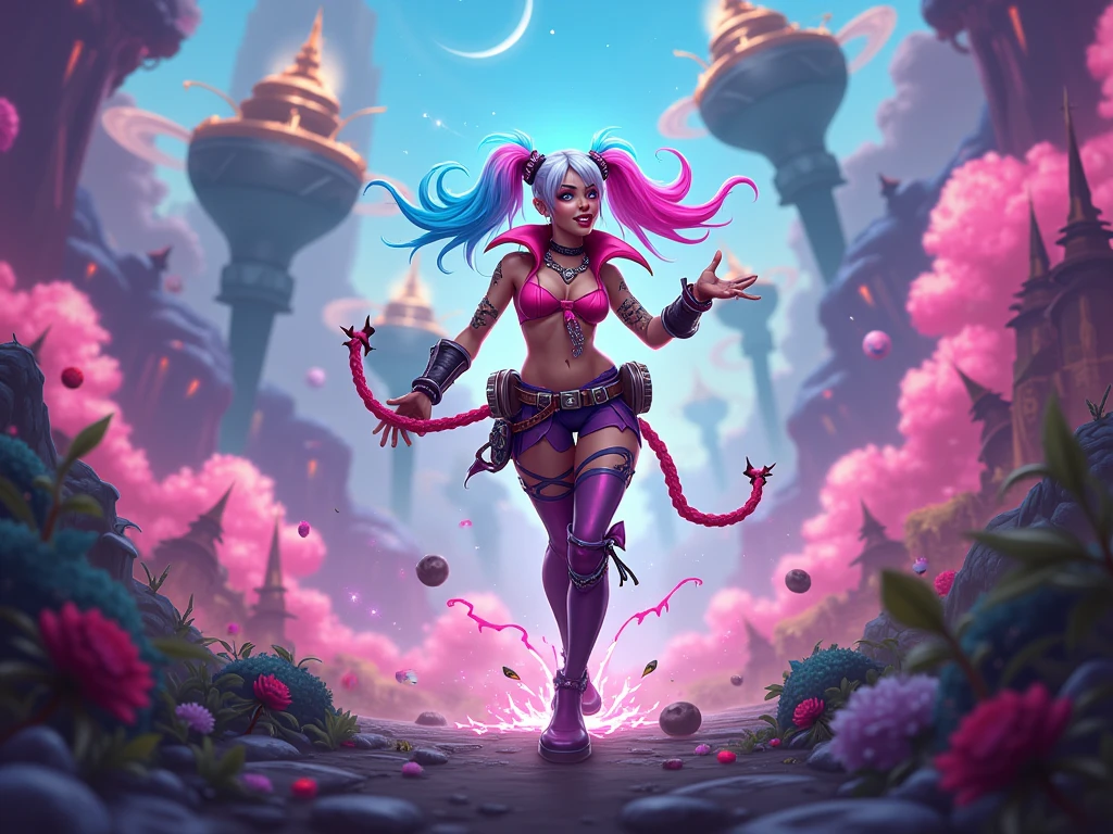 A adventurer woman (yuna, muscular, lean, sweaty, big butt, sexy explorer outfit) is using a machete to clear a path through a dense alien forest, tentacle vines reach from trees, she is carving a trail to an eldritch spire, 3 nightmarish moons hang in the starry sky each a different color, grand panoramic view of an alien landscape