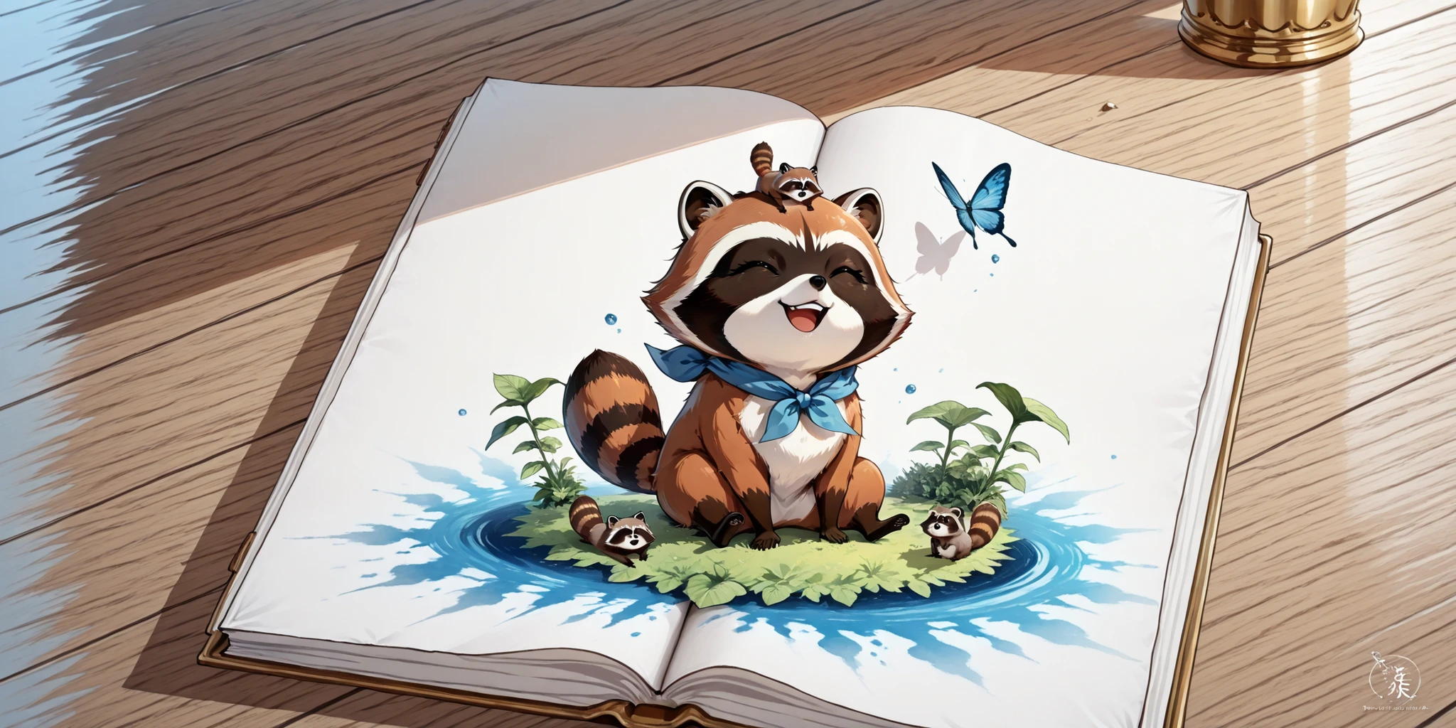 Break,(out-frame of a picture book:1.2),break,(watercolor, pastel, hand-drawn dream world, thick outlines),(1girl and 1animal ,1animal is the raccoon ,adventure in wonderland),(left side page is the raccoon,right side page is the girl),happy snail,happy end,