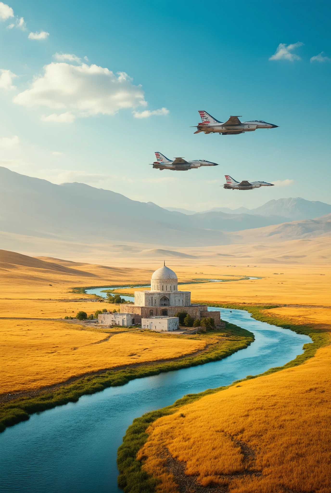 I'm imagining、a masterpiece of images of the plains of the Iranian plateau in summer 、 bright color 、 spectacular dramatic expression intense style 、 a small village with a mosque 、 white house々、 A gentle blue river、 crystal water top quality environment 、 Spectacular views 、 Iranian Air Force F-14 fighter jets are flying。