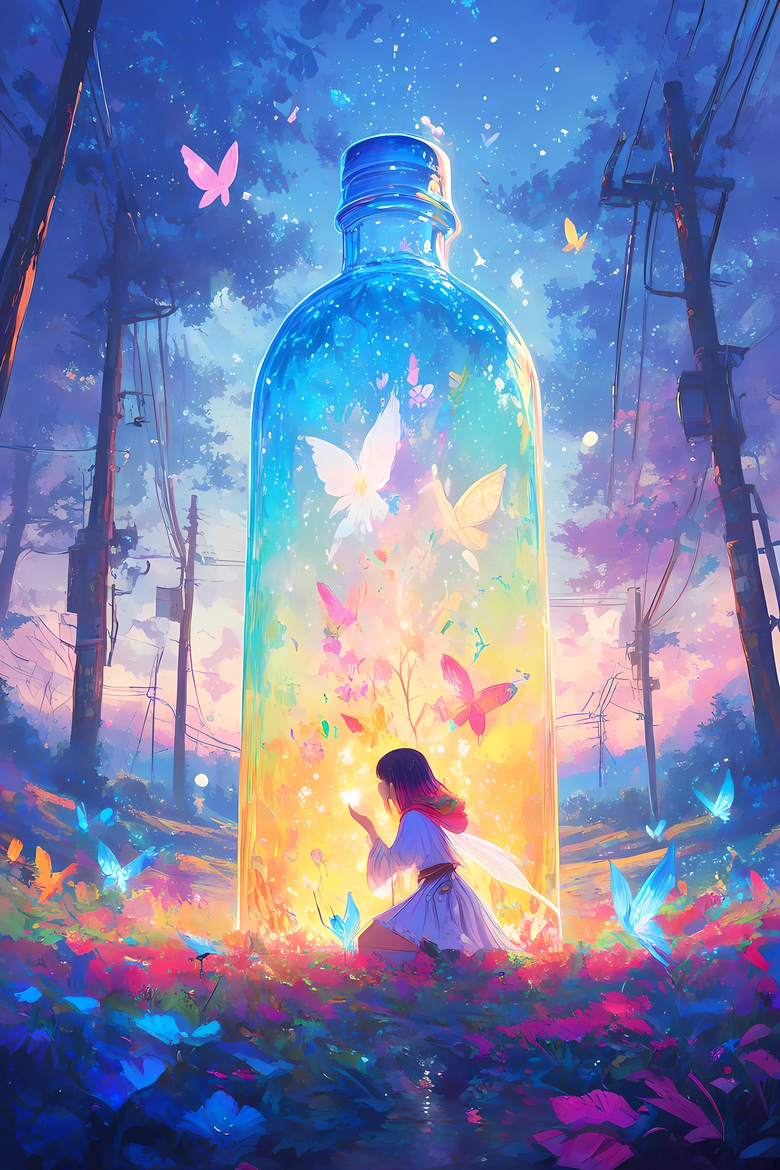 (masterpiece,best quality), Woman kneeling in the woods,wearing white cloack holding a bottle of clear crystal, colorfull digital fantasy art, Magical World ,colorful, magical power lines,beautiful butterfly, Shining with magic, fantasy digital painting,Magical Fairy Forest,8k,HDR,ultra-details